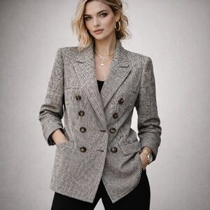 Valentino Boutique Houndstooth Wool Blend Blazer Jacket 14 Vintage Double Breast